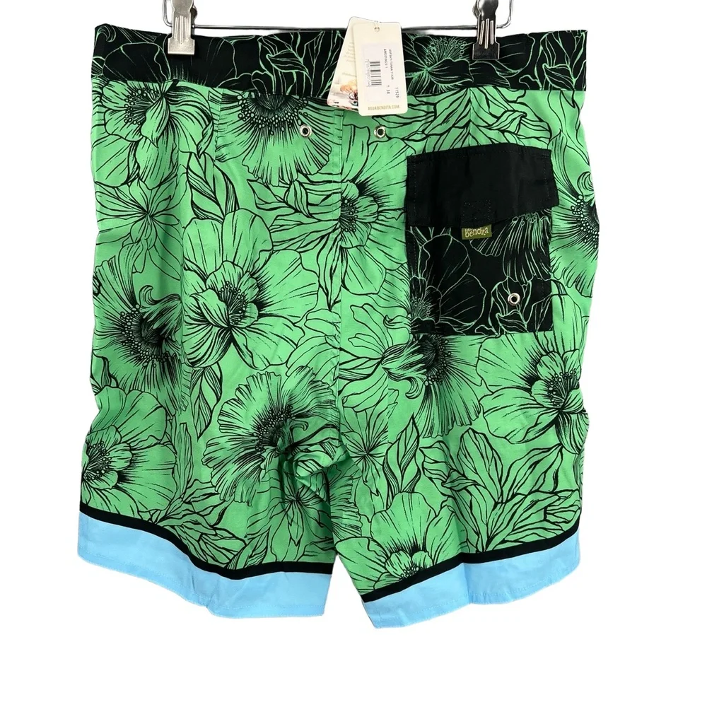 Agua Bendita‎ Board Shorts Green Floral Swim Trunk Lace Up Sati Tonka 38 New